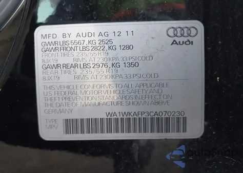 2012 Audi Q5 3.2 Premium из США, поврежденный, VIN WA1WKAFP3CA070230